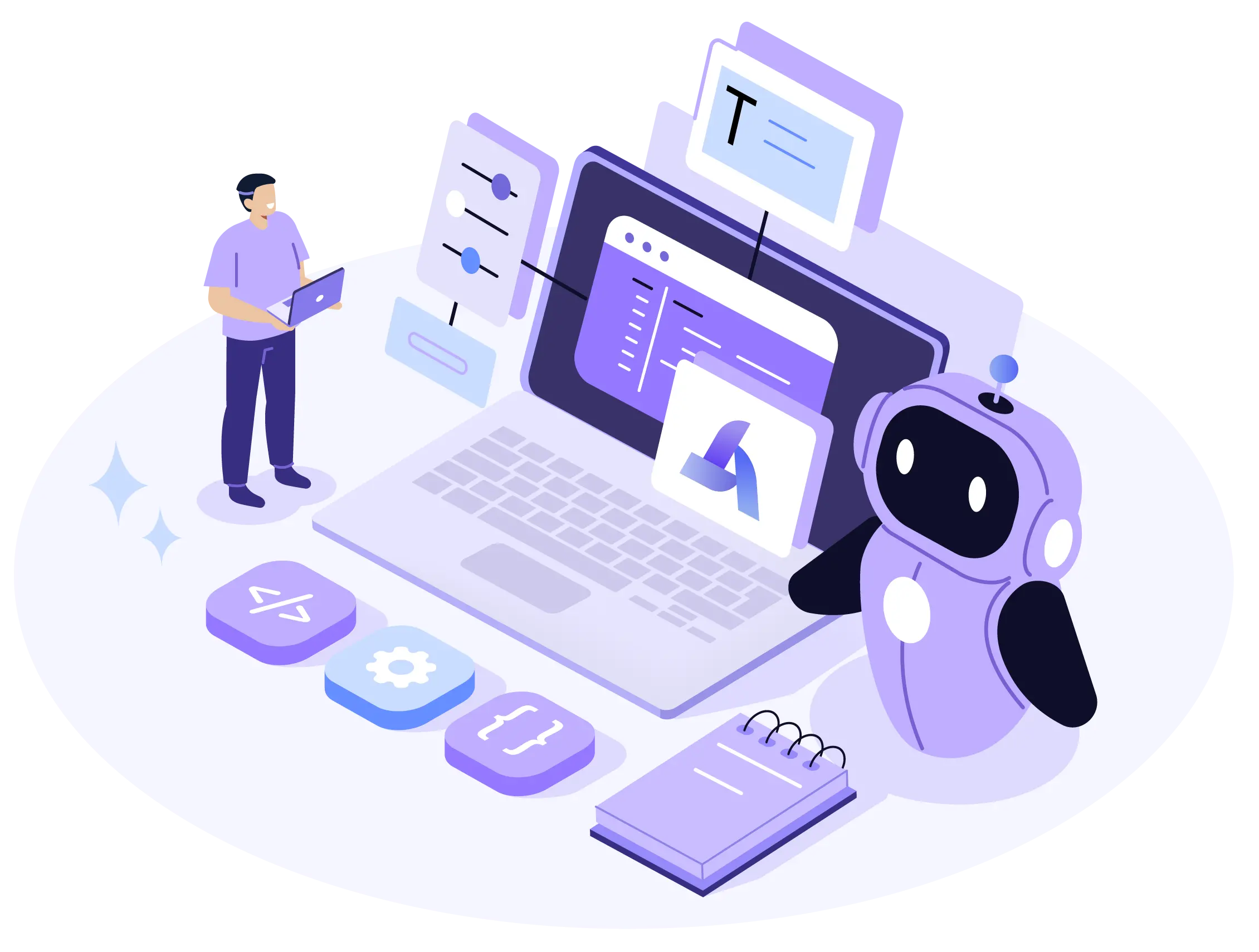 ノートPC上のUIやコードを人とAIロボットが協働で編集し、設定スライダーやコーディングアイコン、ノートが並ぶ開発シーンのイラスト