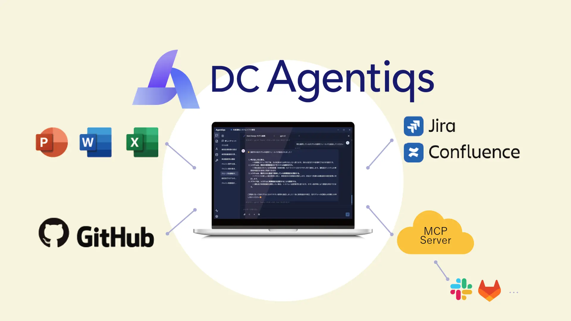 Agentiqsの設定画面でテーマ「ミッドナイト」と表示言語「日本語」を選択し、チャット設定のトグルが並ぶUI